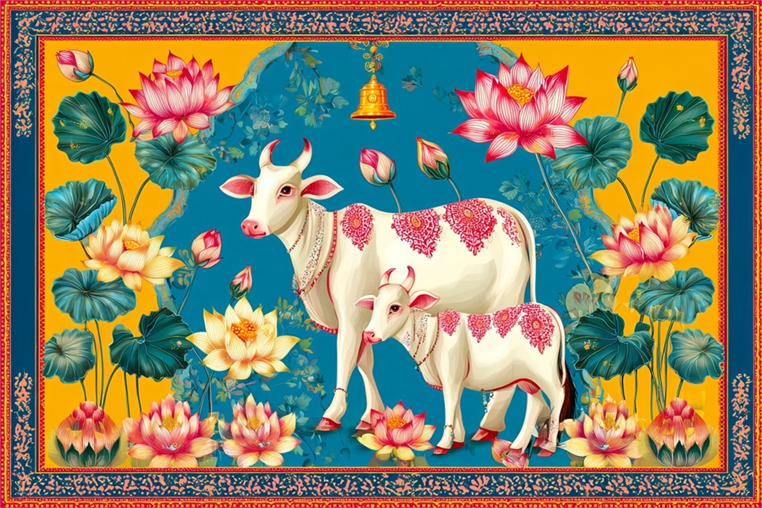 Wedding Indian Backdrop Lotus Cows Colorful Illustration Wedding Backdrops TWW59-40