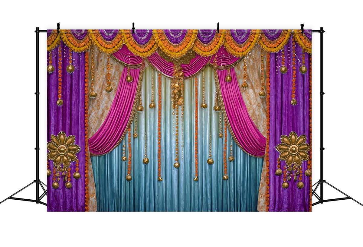 Wedding Indian Backdrop Golden Purple Draped Curtains Wedding Backdrop TWW59-41