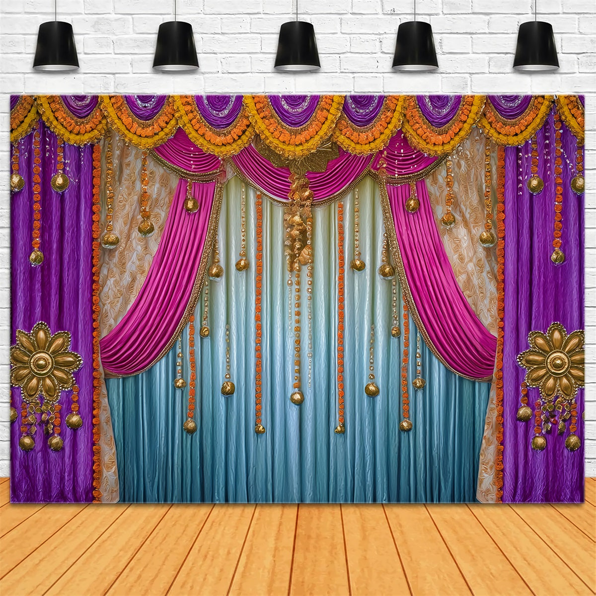 Wedding Indian Backdrop Golden Purple Draped Curtains Wedding Backdrop TWW59-41