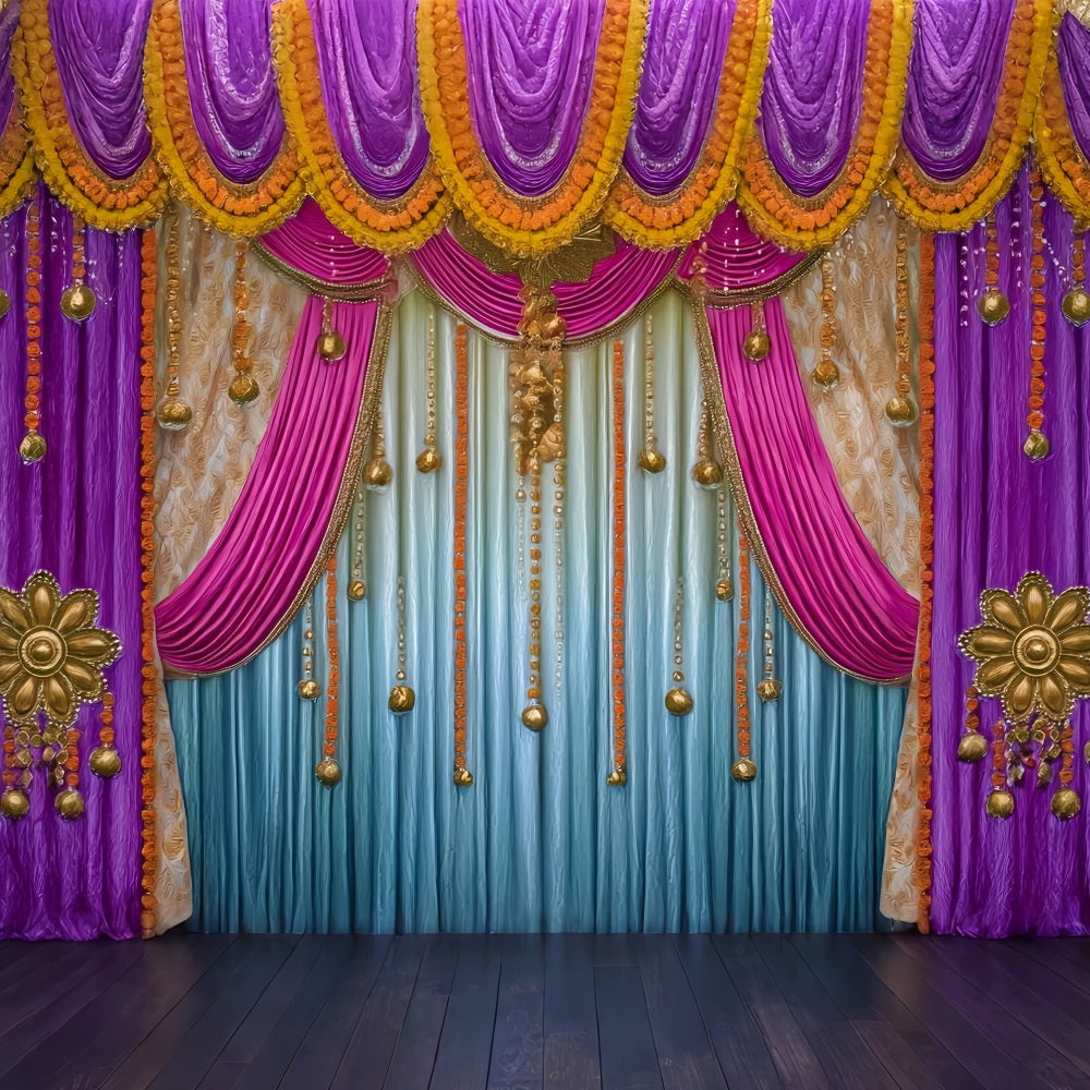 Wedding Indian Backdrop Golden Purple Draped Curtains Wedding Backdrop TWW59-41