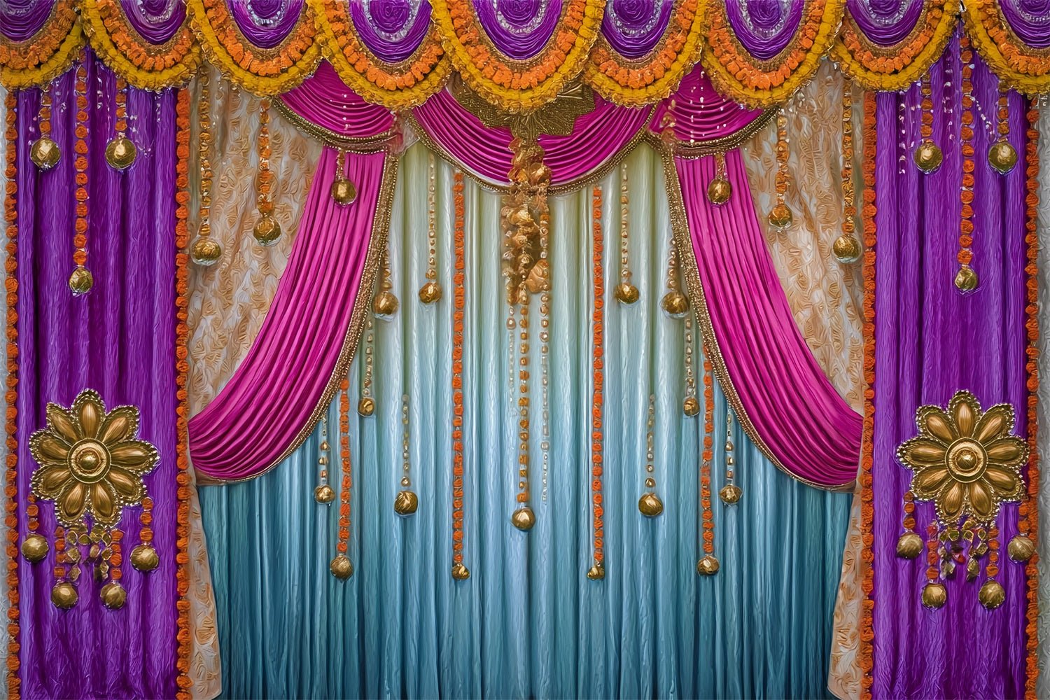Wedding Indian Backdrop Golden Purple Draped Curtains Wedding Backdrop TWW59-41