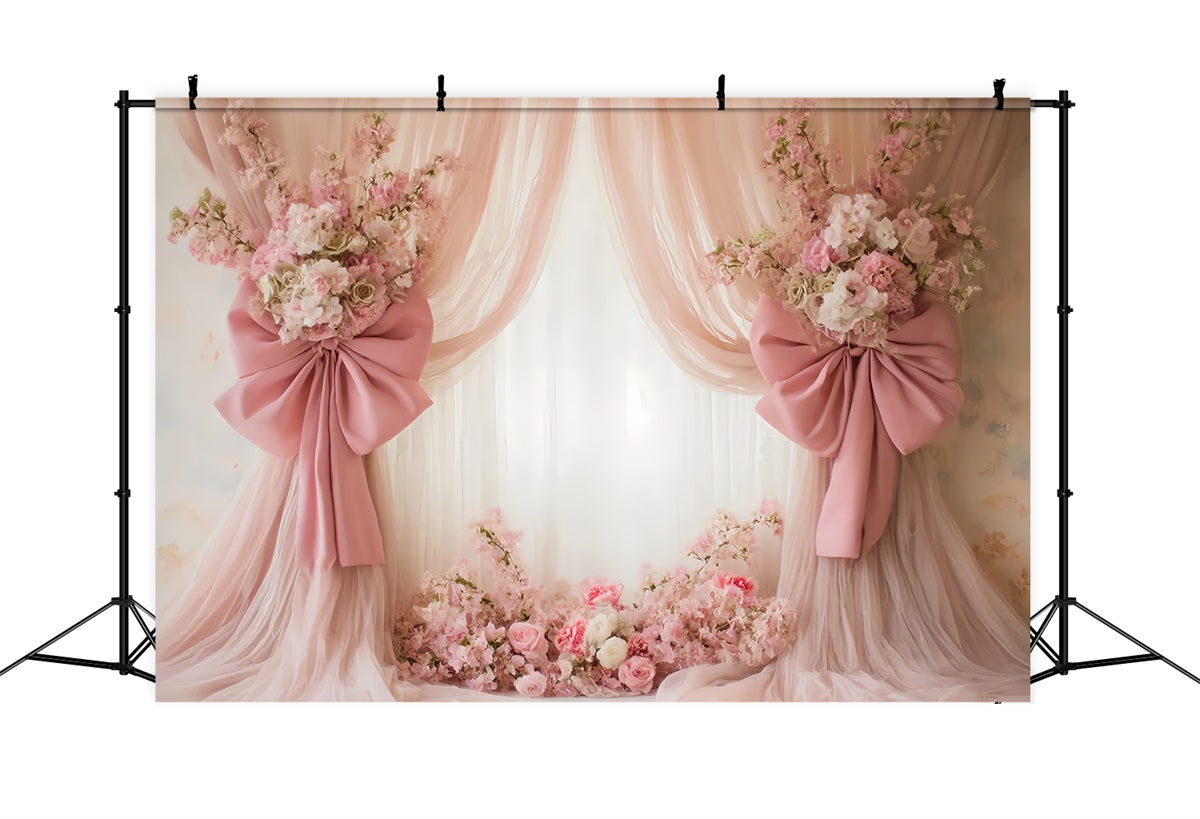 Wedding Vintage Blush Drapes Floral Bows Elegant Wedding Backdrop TWW59-43