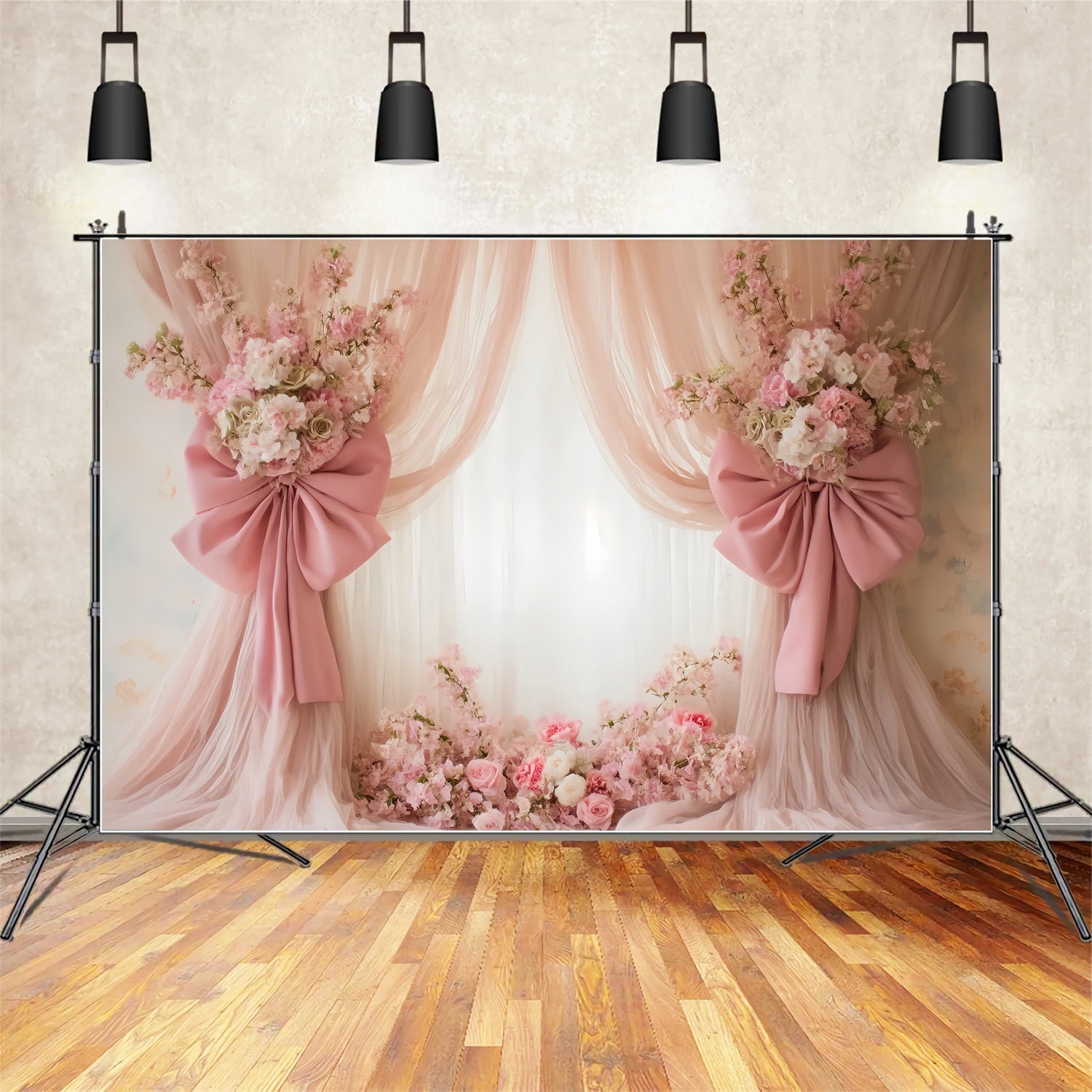 Wedding Vintage Blush Drapes Floral Bows Elegant Wedding Backdrop TWW59-43
