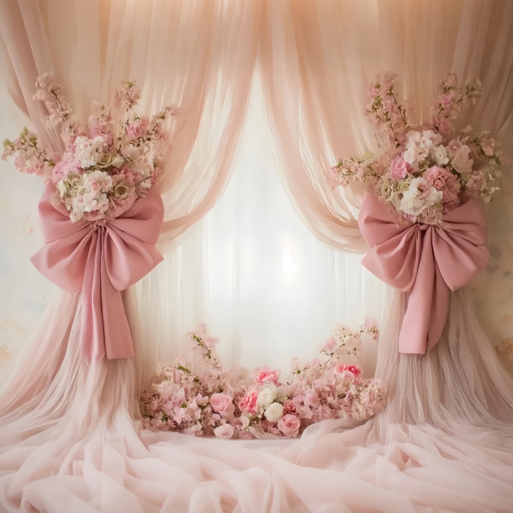 Wedding Vintage Blush Drapes Floral Bows Elegant Wedding Backdrop TWW59-43
