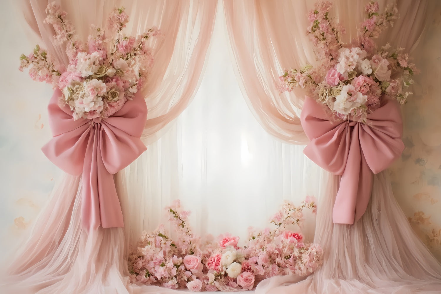Wedding Vintage Blush Drapes Floral Bows Elegant Wedding Backdrop TWW59-43