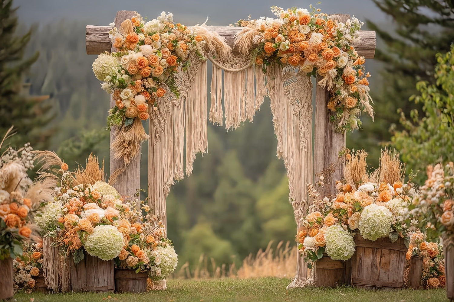 Wedding Macrame Backdrop Rustic Arch Orange Roses Boho Wedding Backdrop TWW59-44