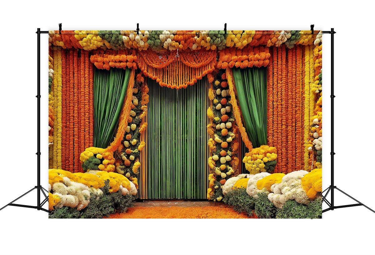 Wedding Indian Backdrop Vibrant Marigold Floral Curtains Vintage Wedding Backdrop TWW59-46