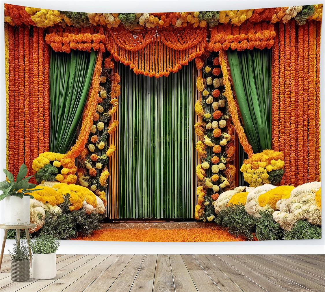 Wedding Indian Backdrop Vibrant Marigold Floral Curtains Vintage Wedding Backdrop TWW59-46