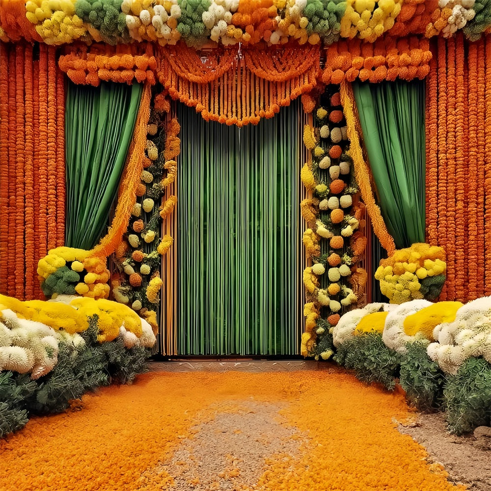 Wedding Indian Backdrop Vibrant Marigold Floral Curtains Vintage Wedding Backdrop TWW59-46