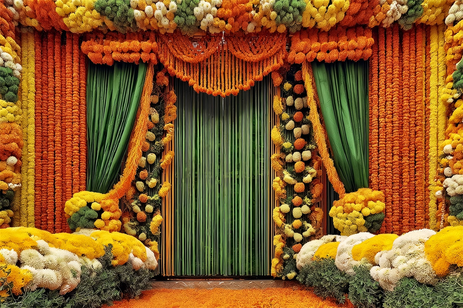 Wedding Indian Backdrop Vibrant Marigold Floral Curtains Vintage Wedding Backdrop TWW59-46