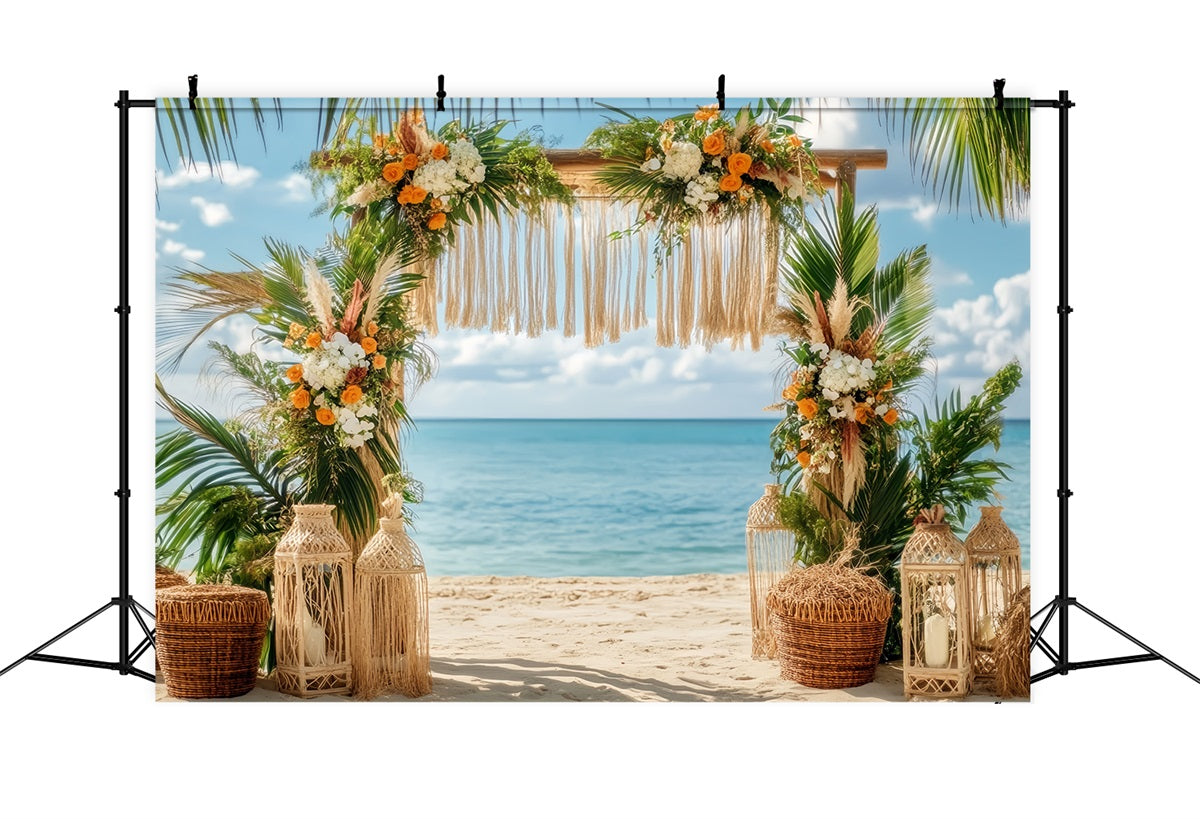 Wedding Beach Backdrop Tropical Beach Floral Arch Boho Wedding Backdrop TWW59-47