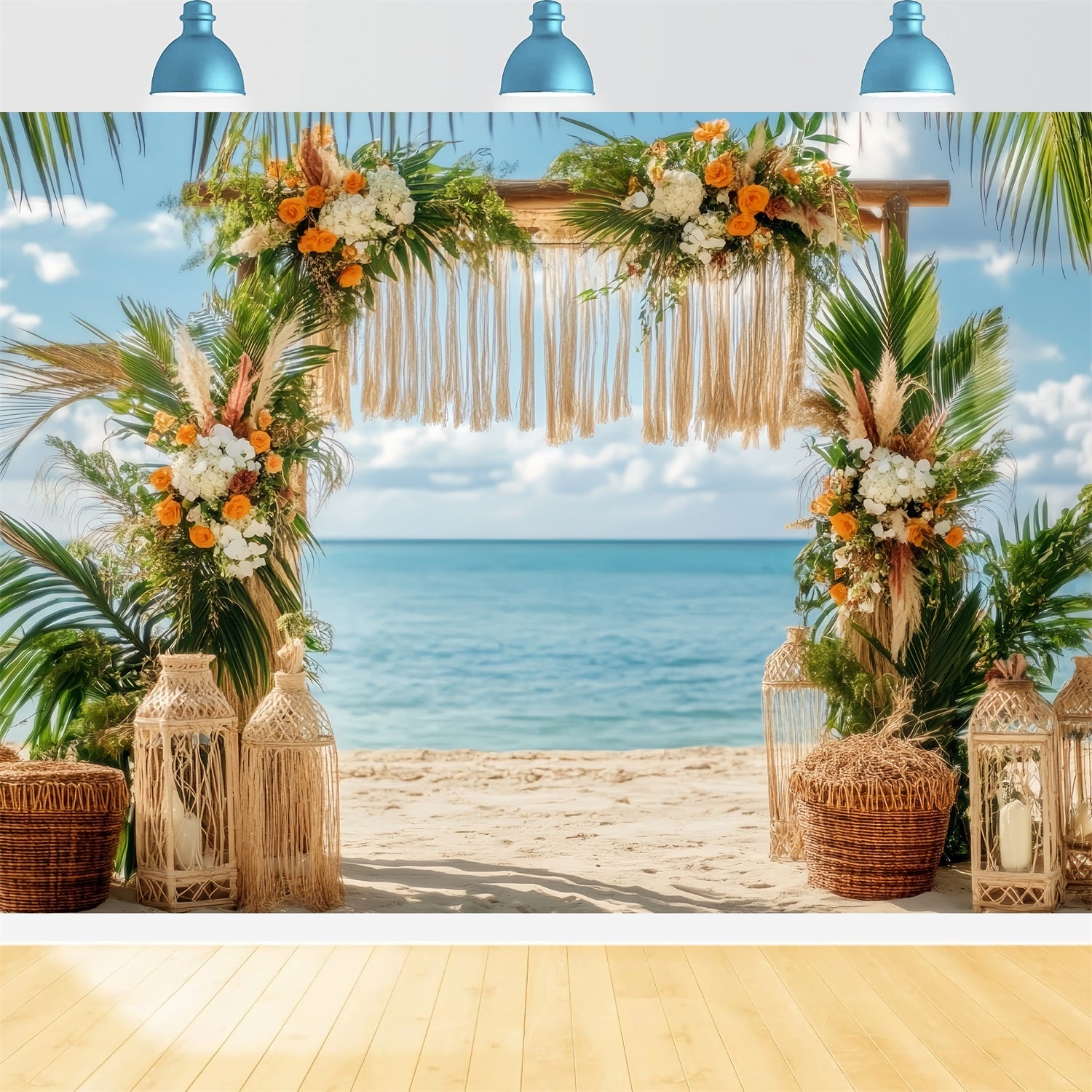 Wedding Beach Backdrop Tropical Beach Floral Arch Boho Wedding Backdrop TWW59-47