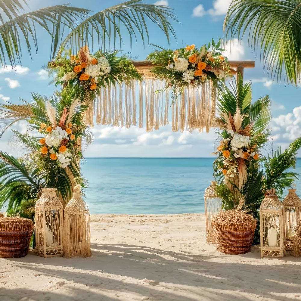 Wedding Beach Backdrop Tropical Beach Floral Arch Boho Wedding Backdrop TWW59-47