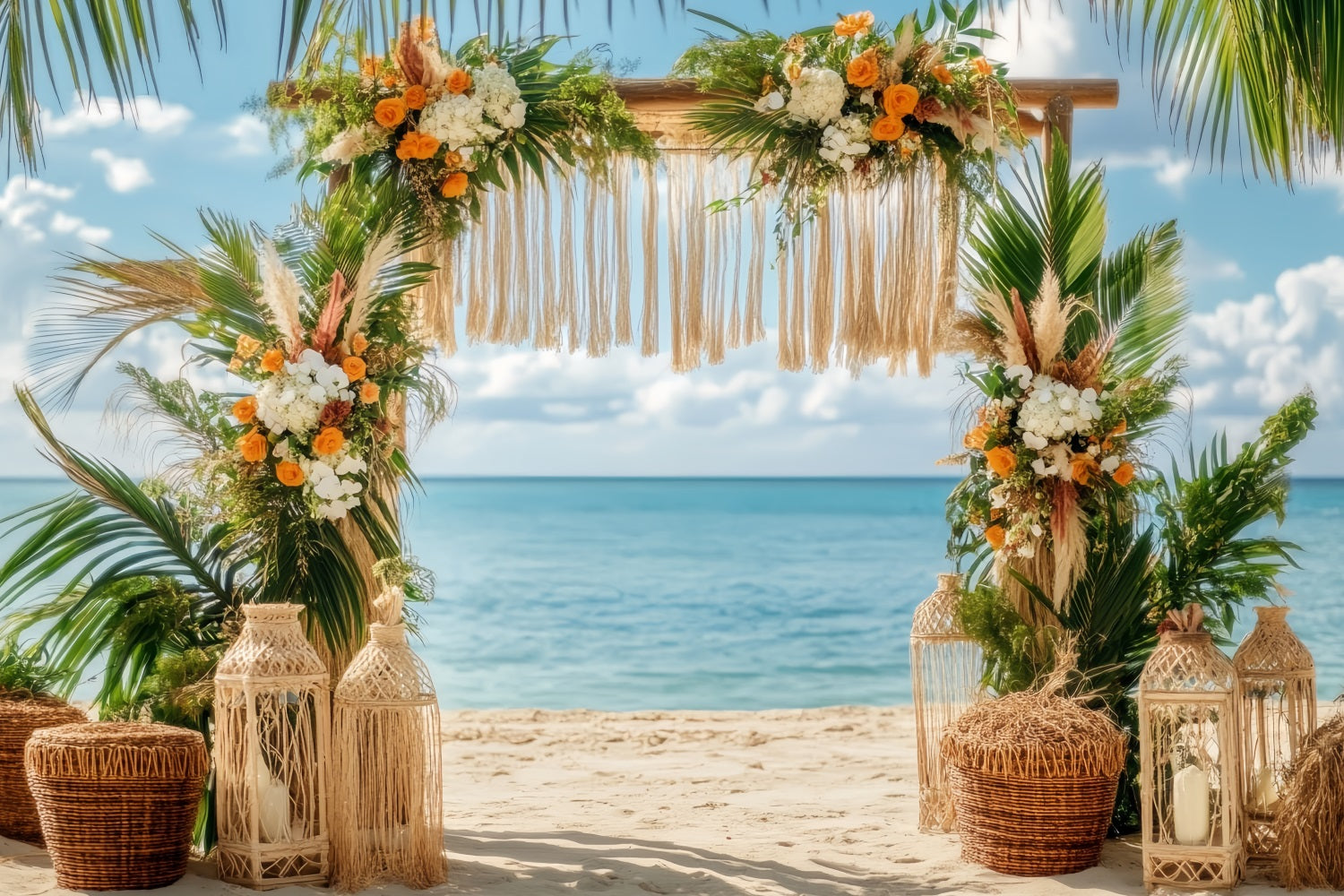 Wedding Beach Backdrop Tropical Beach Floral Arch Boho Wedding Backdrop TWW59-47