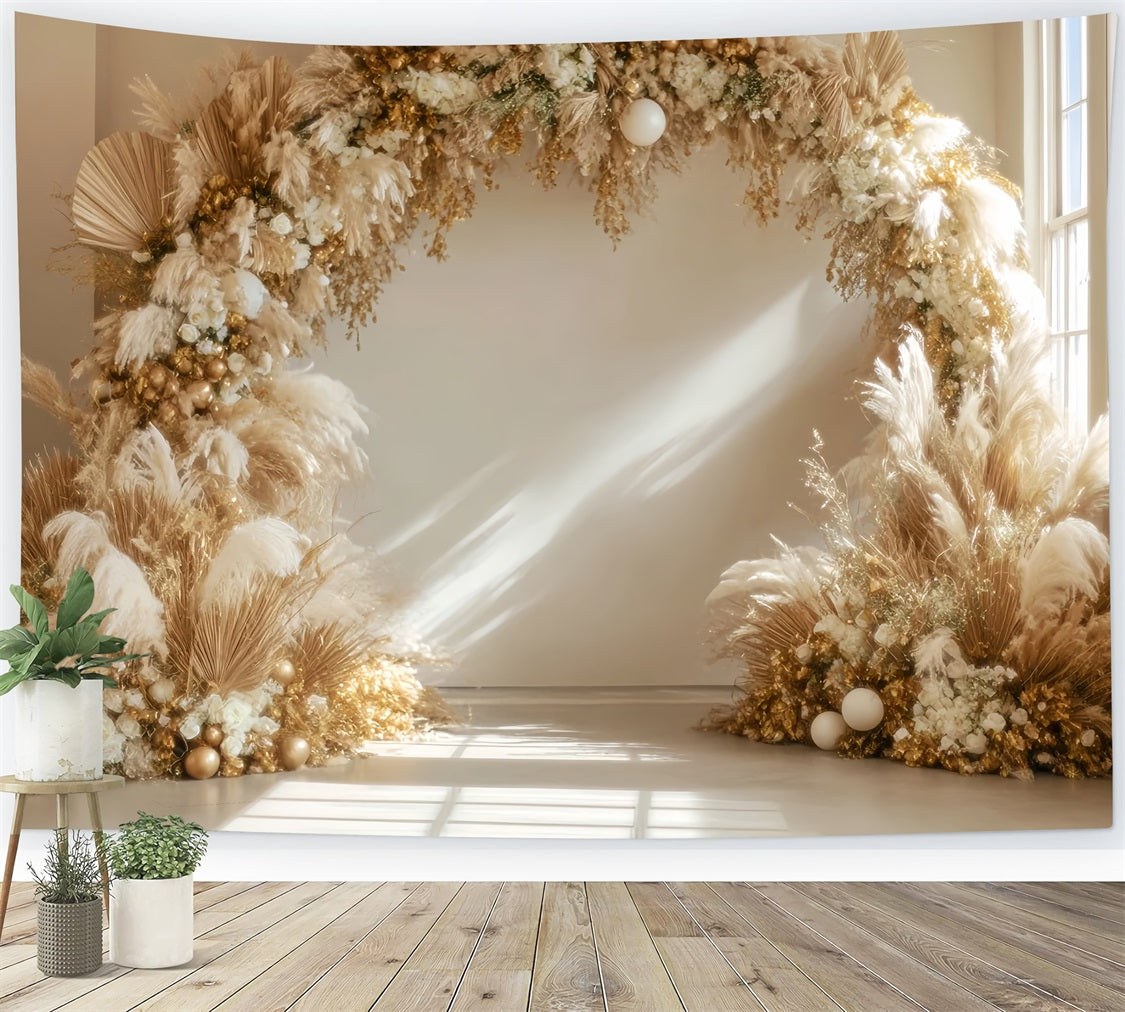 Wedding Christmas Backdrop Golden Pampas Circular Arch Boho Wedding Backdrop TWW59-48