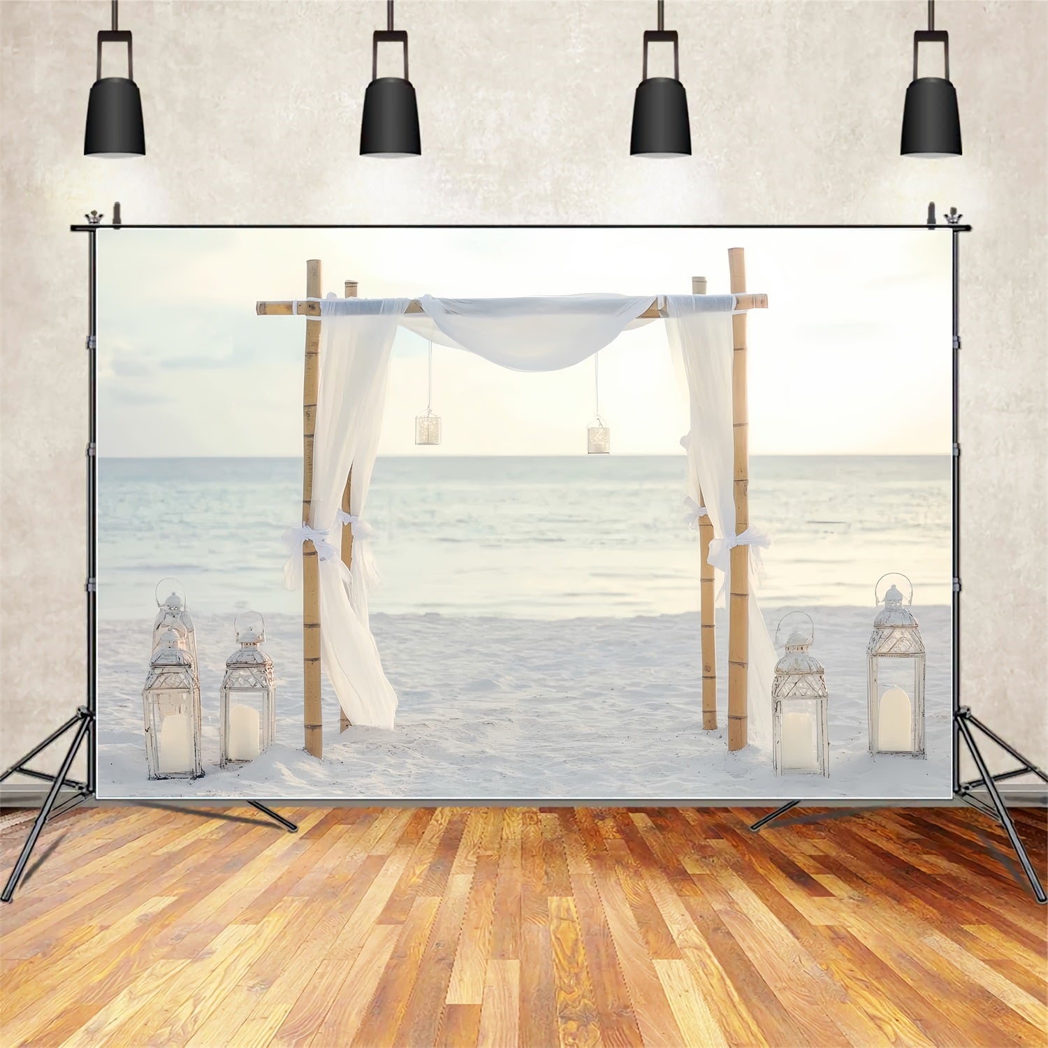 Wedding Beach Backdrop Minimal Bamboo White Drapes Wedding Backdrop Design TWW59-49