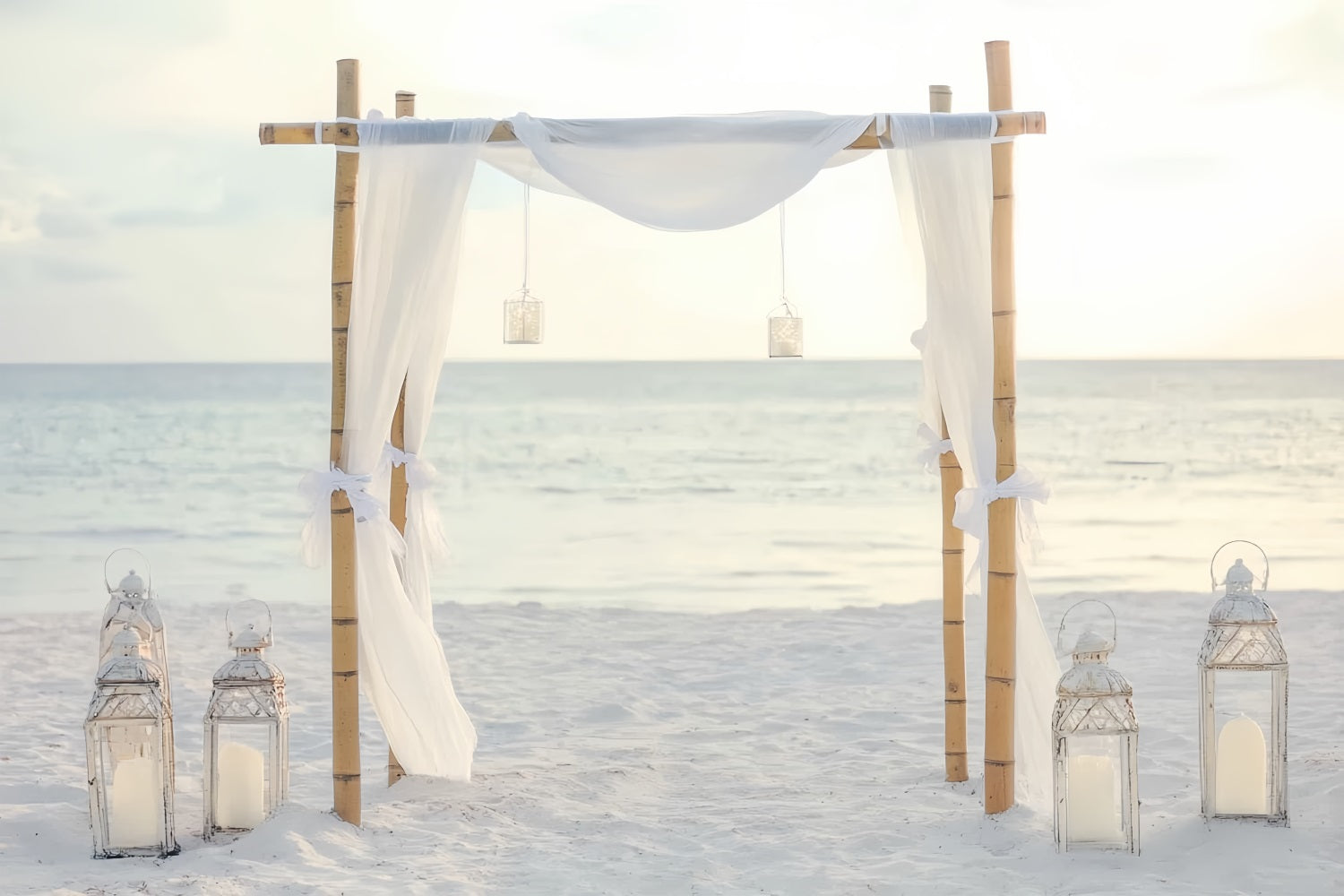 Wedding Beach Backdrop Minimal Bamboo White Drapes Wedding Backdrop Design TWW59-49