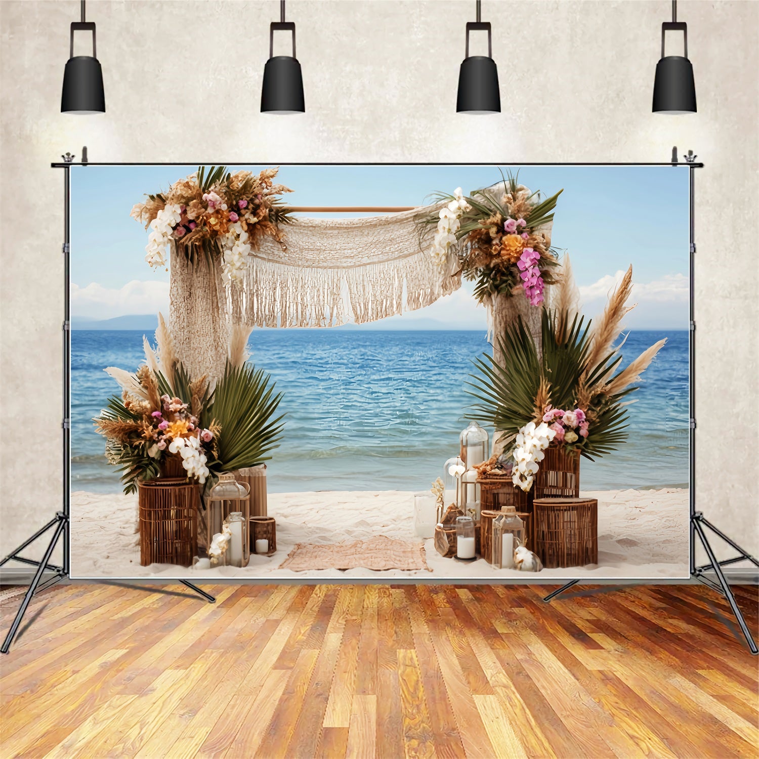 Wedding Beach Backdrop Bohemian Seaside Macrame Arch Wedding Backdrops Ideas TWW59-52