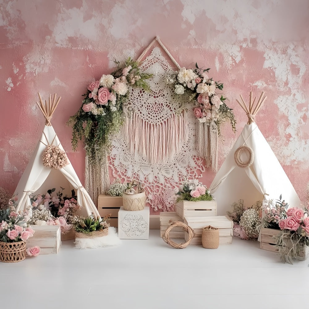 Wedding Boho Backdrop Bohemian Pink Tent Flowers Elegant Wedding Backdrop TWW59-56