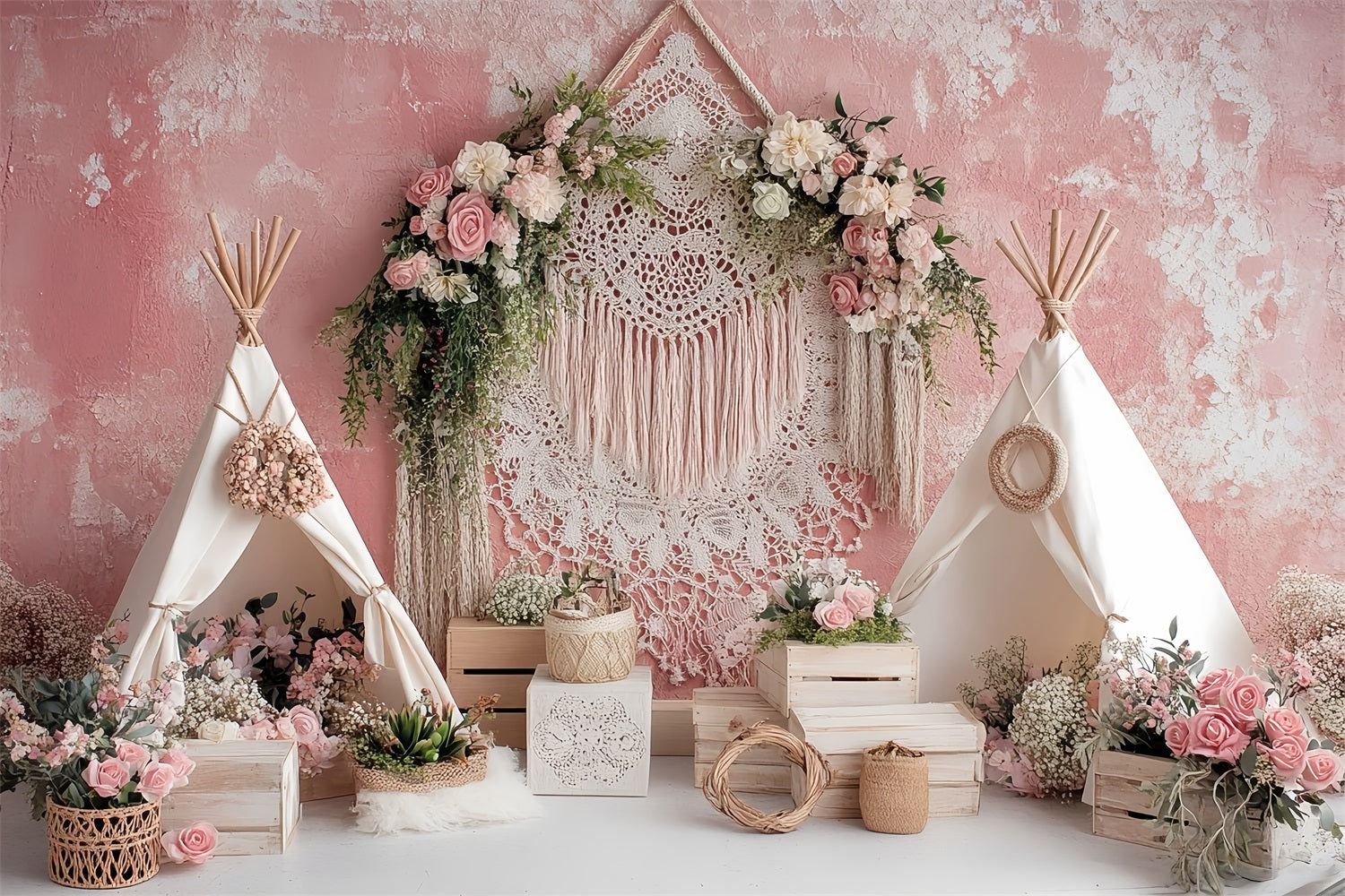 Wedding Boho Backdrop Bohemian Pink Tent Flowers Elegant Wedding Backdrop TWW59-56