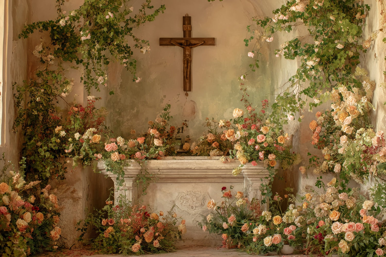 Wedding Backdrop Romantic Floral Chapel Altar Wedding Backdrop Ideas TWW59-58