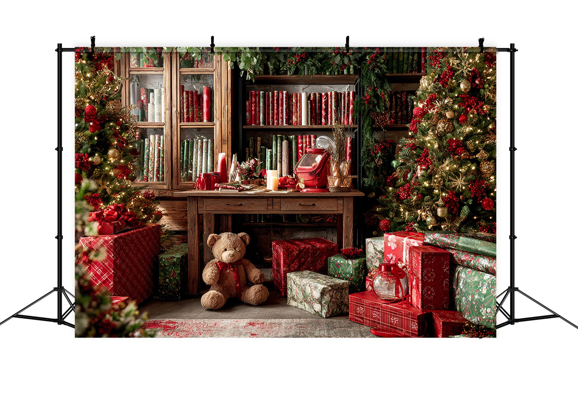 Santa Workshop Backdrop Christmas Gift Wrap Cozy Library Christmas Backdrop TWW59-85