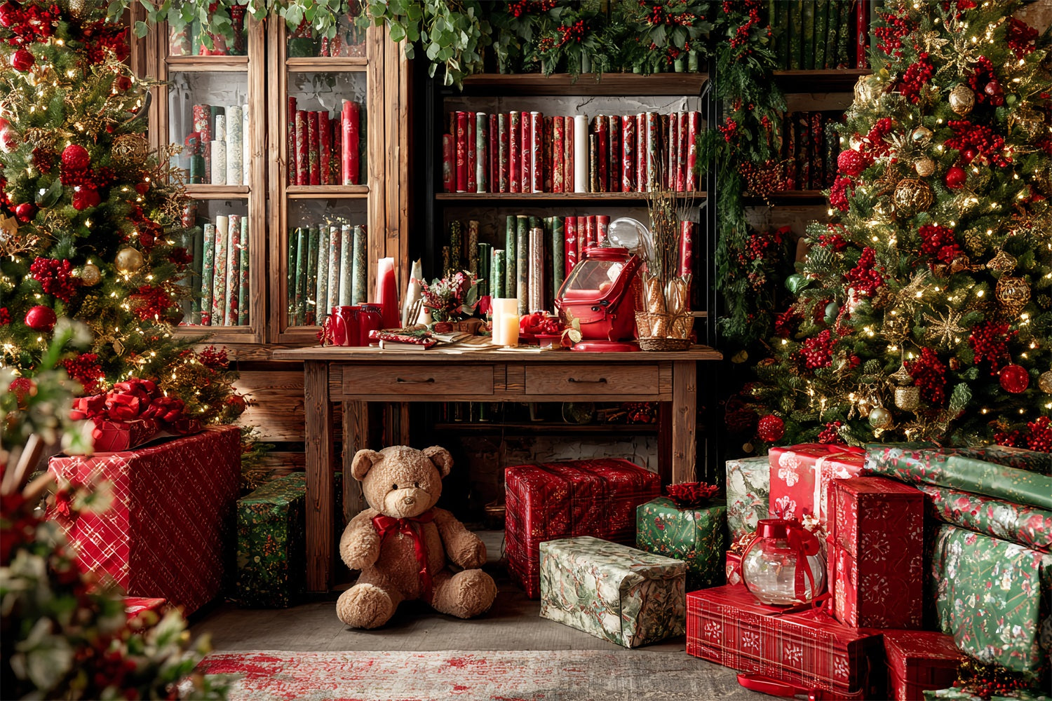 Santa Workshop Backdrop Christmas Gift Wrap Cozy Library Christmas Backdrop TWW59-85