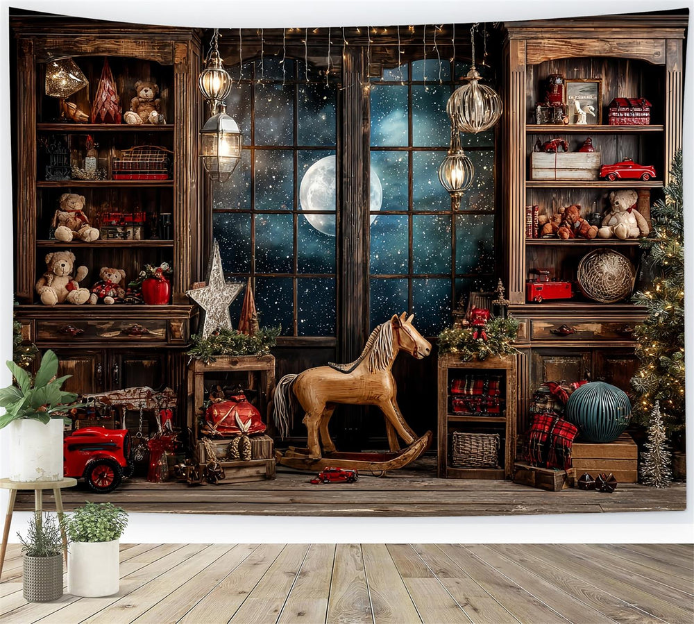 Santa's Workshop Backdrop Starry Night Window Toy Room Christmas Backd