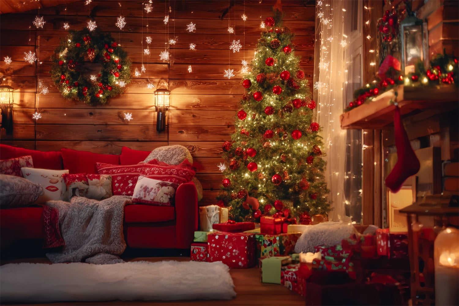 Santa Workshop Backdrop Rustic Cabin Living Room Christmas Photo Backdrop TWW59-87