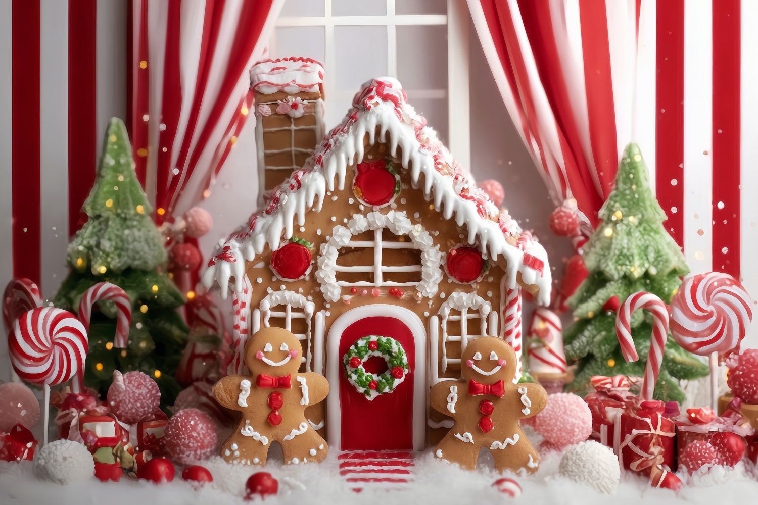 Gingerbread House Backdrop Candy Cane Gingerbread Room Christmas Photo Backdrops TWW59-90