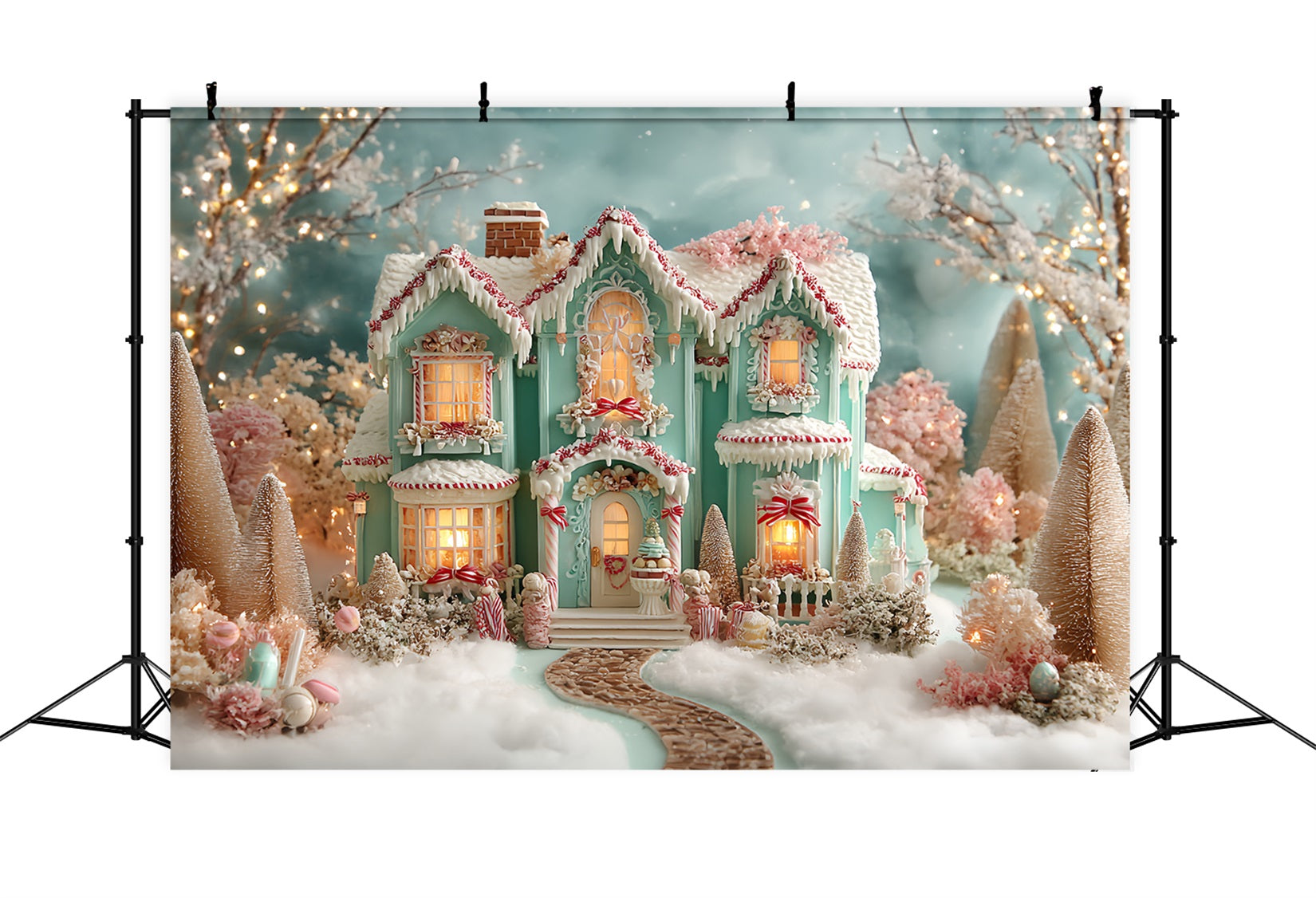 Gingerbread House Backdrop Frosted Pastel Gingerbread Mansion Christmas Photo Backdrop TWW59-93