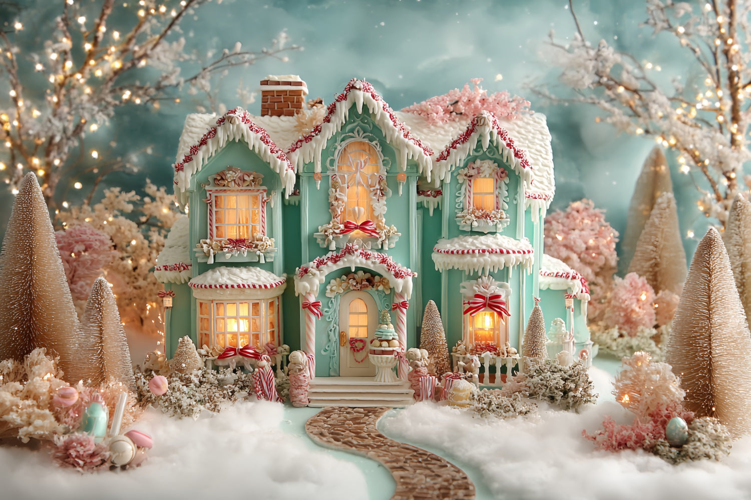 Gingerbread House Backdrop Frosted Pastel Gingerbread Mansion Christmas Photo Backdrop TWW59-93