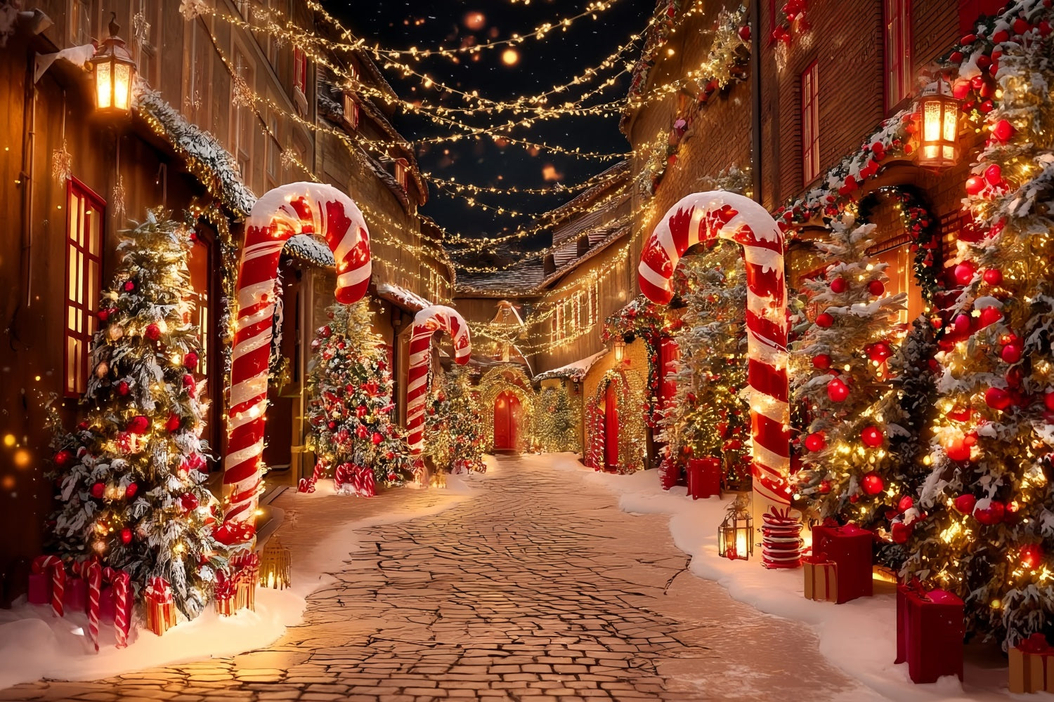 Christmas Village Backdrop Candy Cane Street Christmas Photography Backdrops TWW59-95