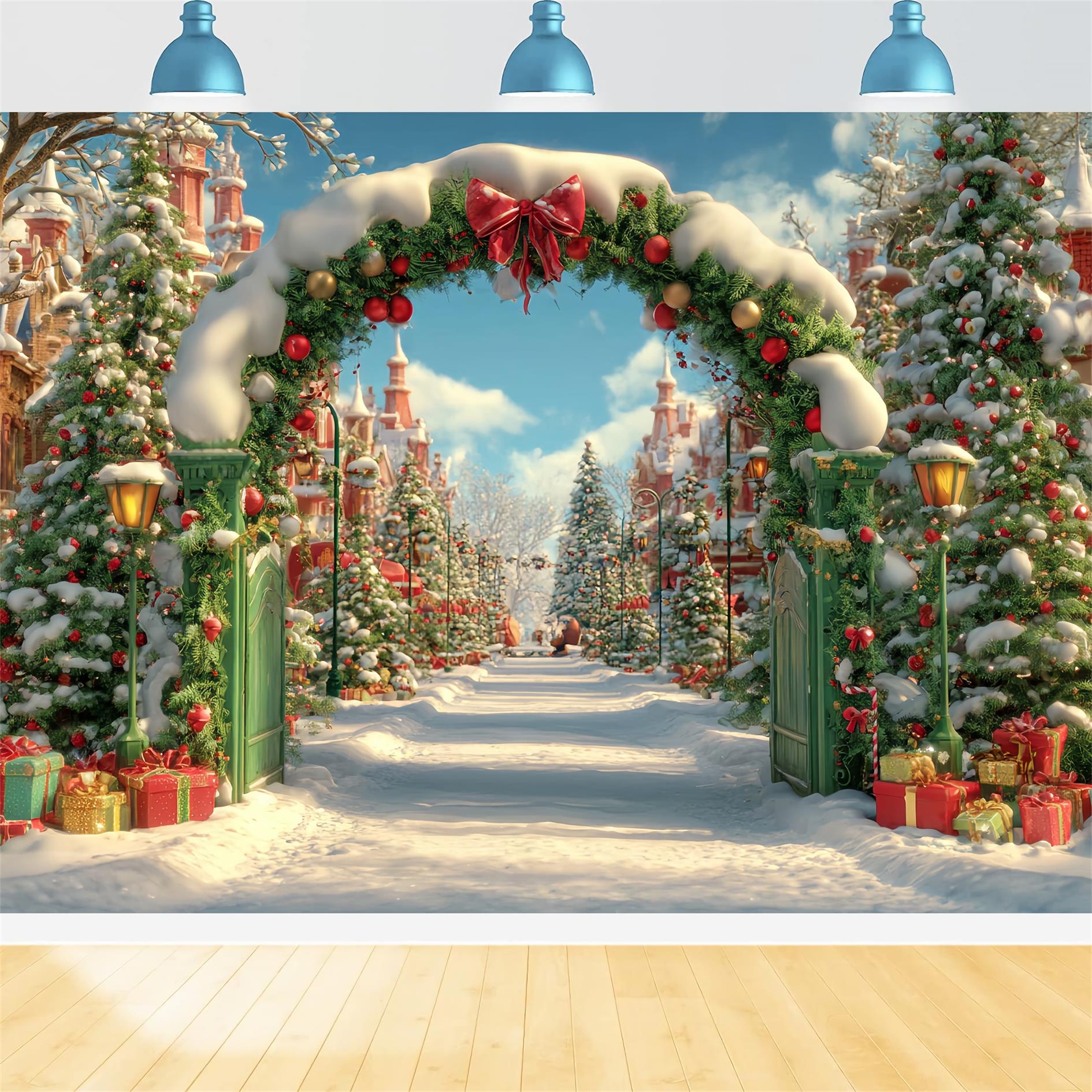 Christmas Country Backdrop Snowy Village Archway Christmas Photo Backdrops TWW59-96