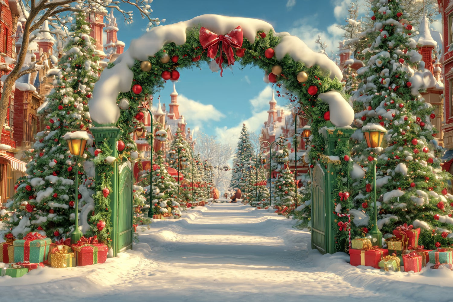Christmas Country Backdrop Snowy Village Archway Christmas Photo Backdrops TWW59-96