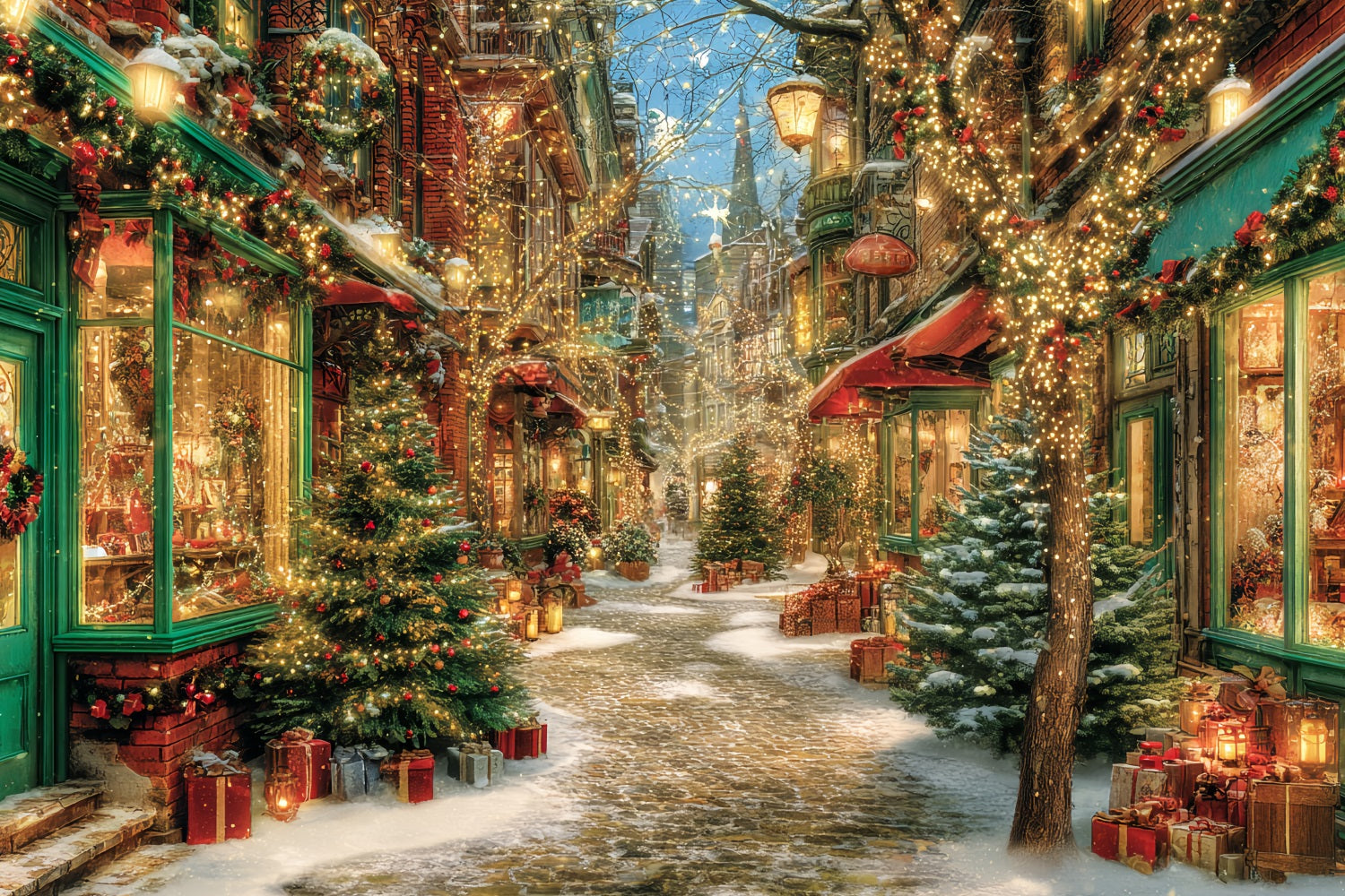 Christmas Village Backdrop Sparkling Street Lights Christmas Backdrops for Photos TWW59-97