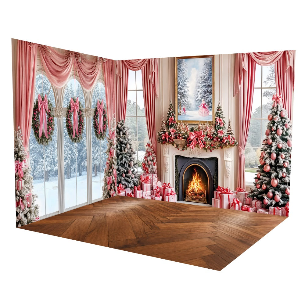Christmas Photo Backdrops Pink Garland Fireplace Backdrop Room Set TWW6-104