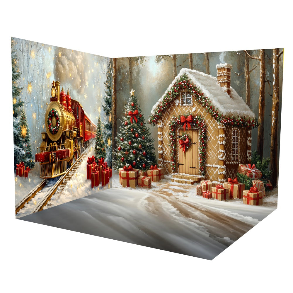 Professional Christmas Backdrops Festive Train Cottage Backdrop Room Set TWW6-105