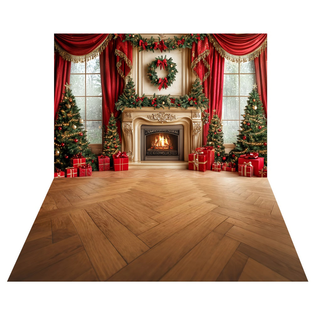 Cozy Fireplace Scene Backdrop+Brown Wood Floor Backdrop TWW6-108