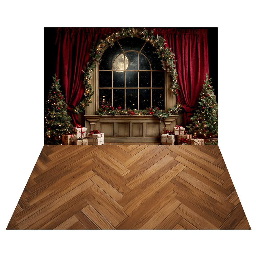 Moonlit Christmas Window Backdrop+Dark Wood Floor Backdrop TWW6-109