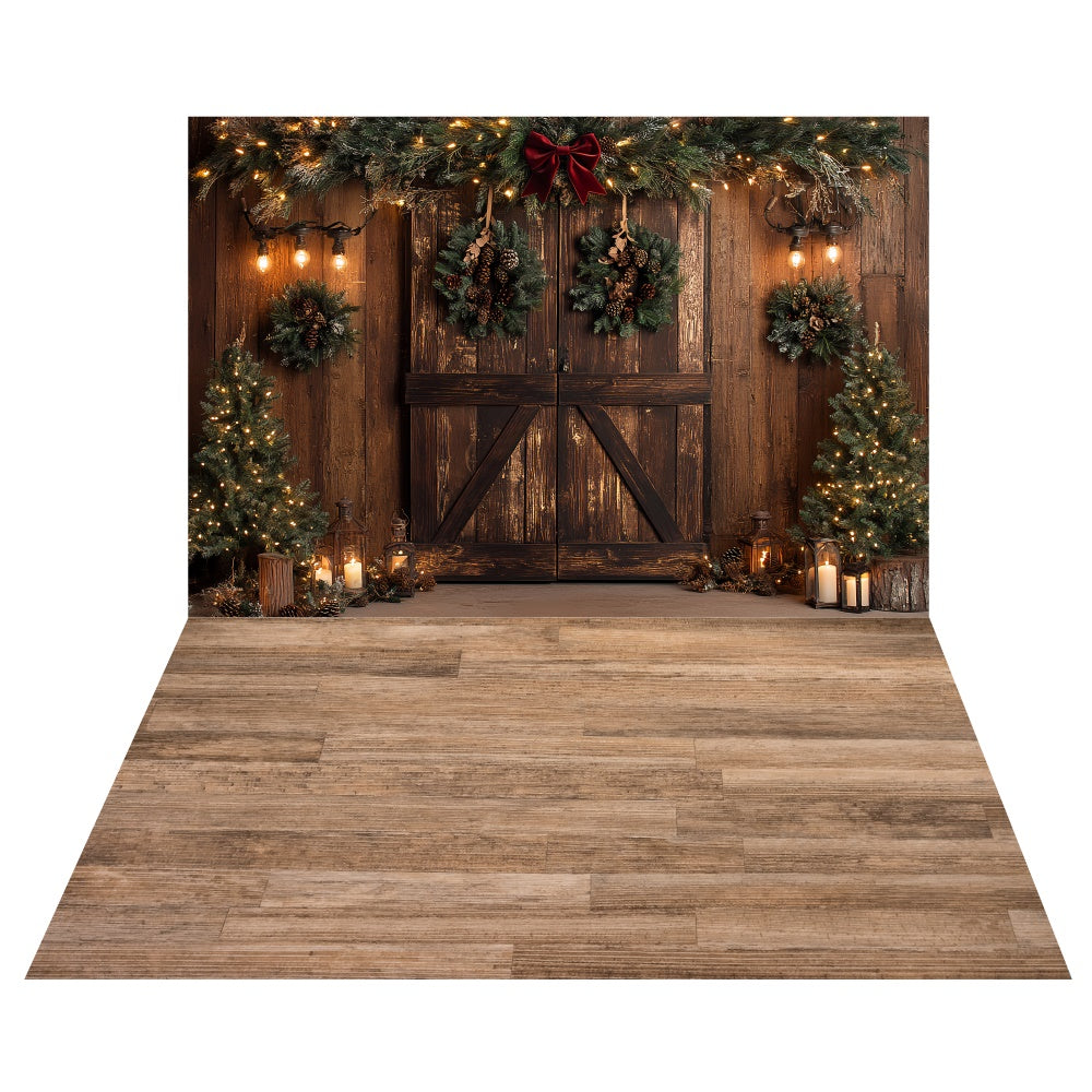 Holiday Barn Door Backdrop+Rustic Plank Floor Backdrop TWW6-111