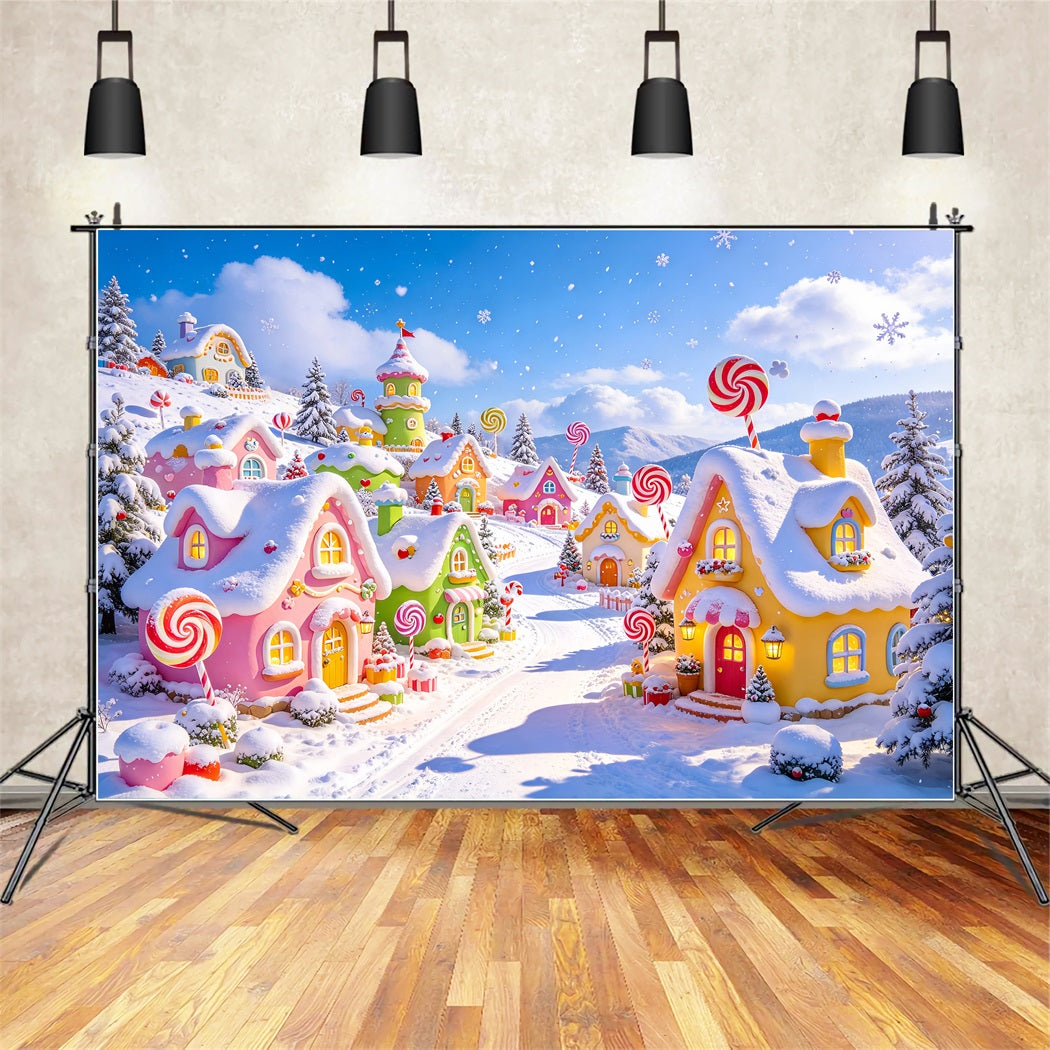 Christmas Village Backdrops Snow Pastel Candy Cottage Christmas Photo Backdrop ZTT610-1
