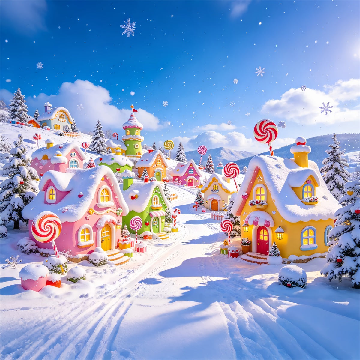 Christmas Village Backdrops Snow Pastel Candy Cottage Christmas Photo Backdrop ZTT610-1