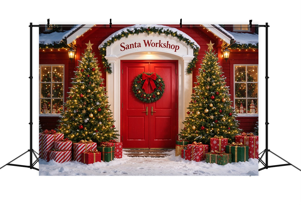 Santa's Workshop Backdrop Snowy House Door Entrance Christmas Red Backdrop ZTT610-10