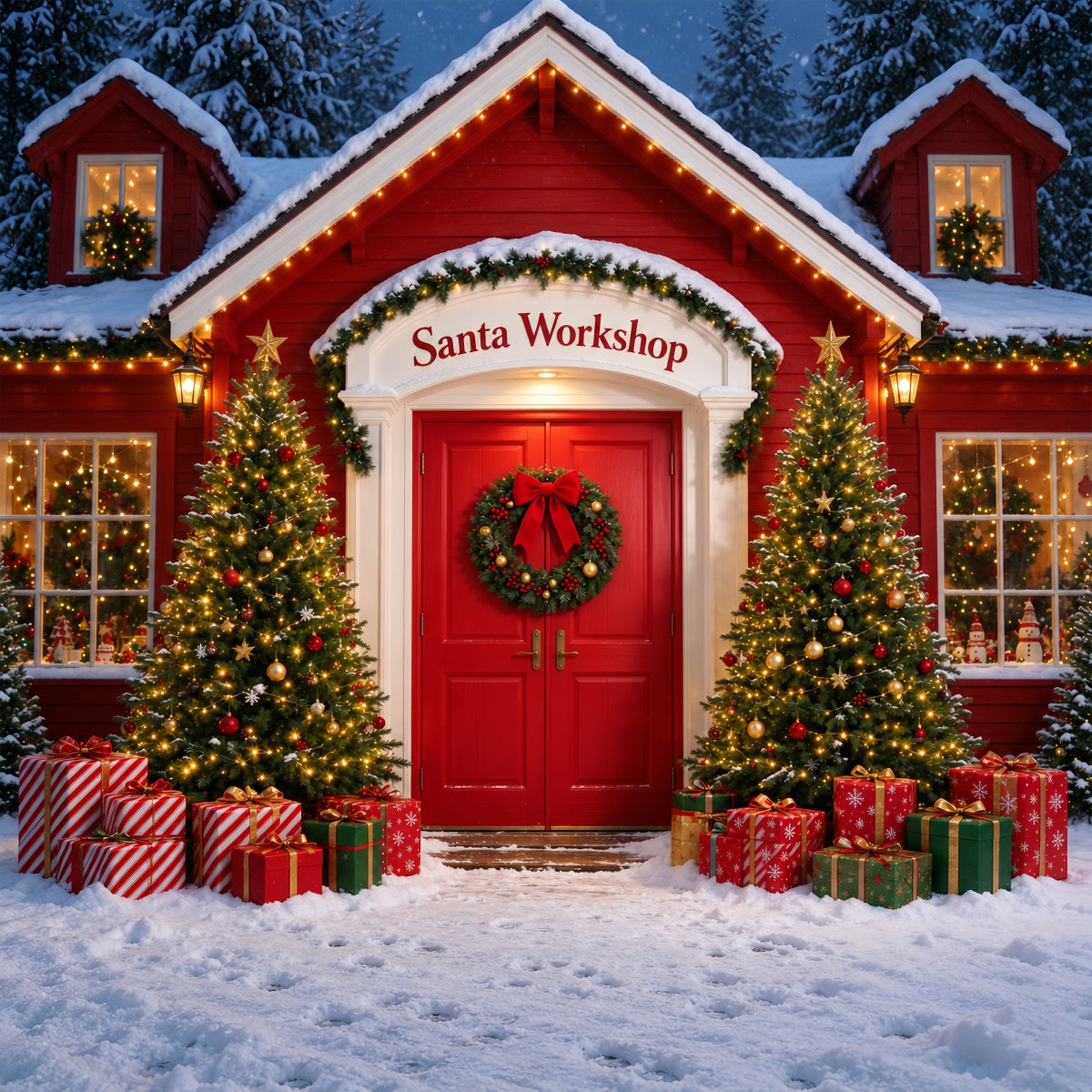 Santa's Workshop Backdrop Snowy House Door Entrance Christmas Red Backdrop ZTT610-10