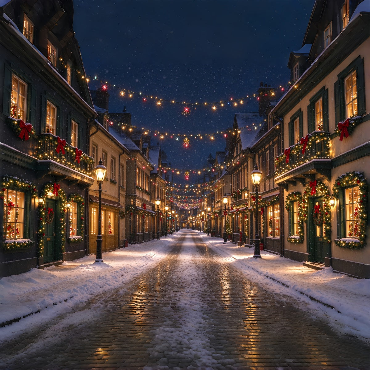 Christmas Village Backdrops Illuminated Snowy Street Photography Christmas Backdrops ZTT610-14