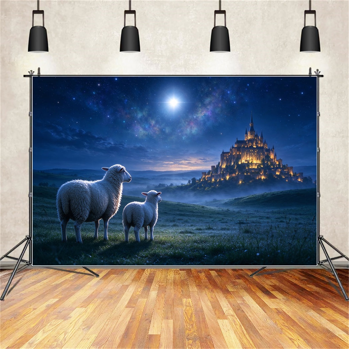 Nativity Scene Backdrop Moonlit Castle Sheep Meadow Christmas Backdrop Photography ZTT610-15