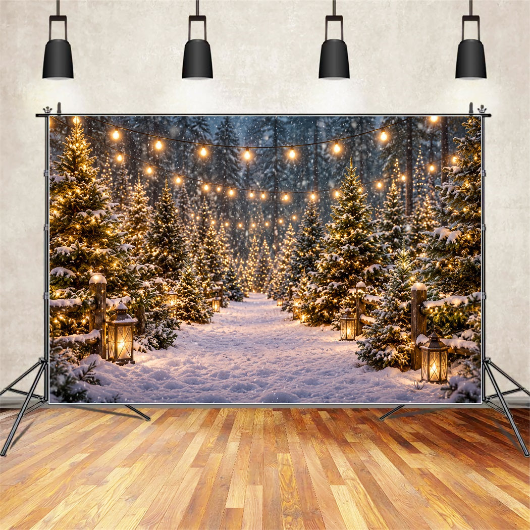 Christmas Tree Farm Backdrop Snowy Lantern Forest Path Christmas Tree Backdrops ZTT610-16