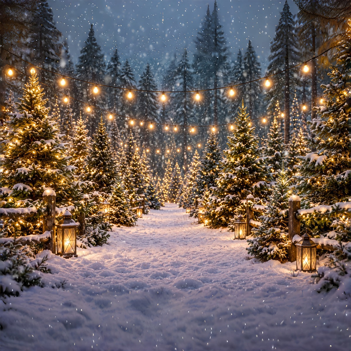 Christmas Tree Farm Backdrop Snowy Lantern Forest Path Christmas Tree Backdrops ZTT610-16