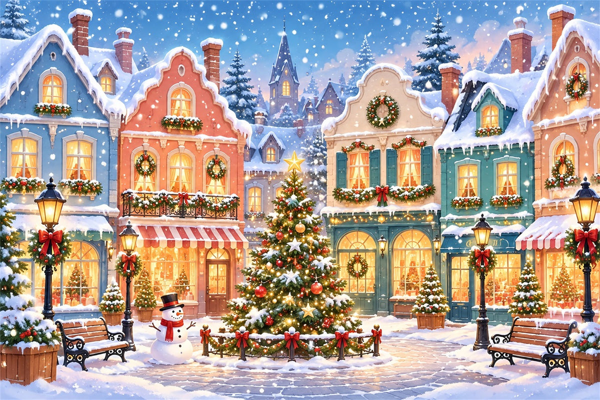 Christmas Town Backdrops Snowy Pastel Village Square Christmas Picture Backdrop ZTT610-17